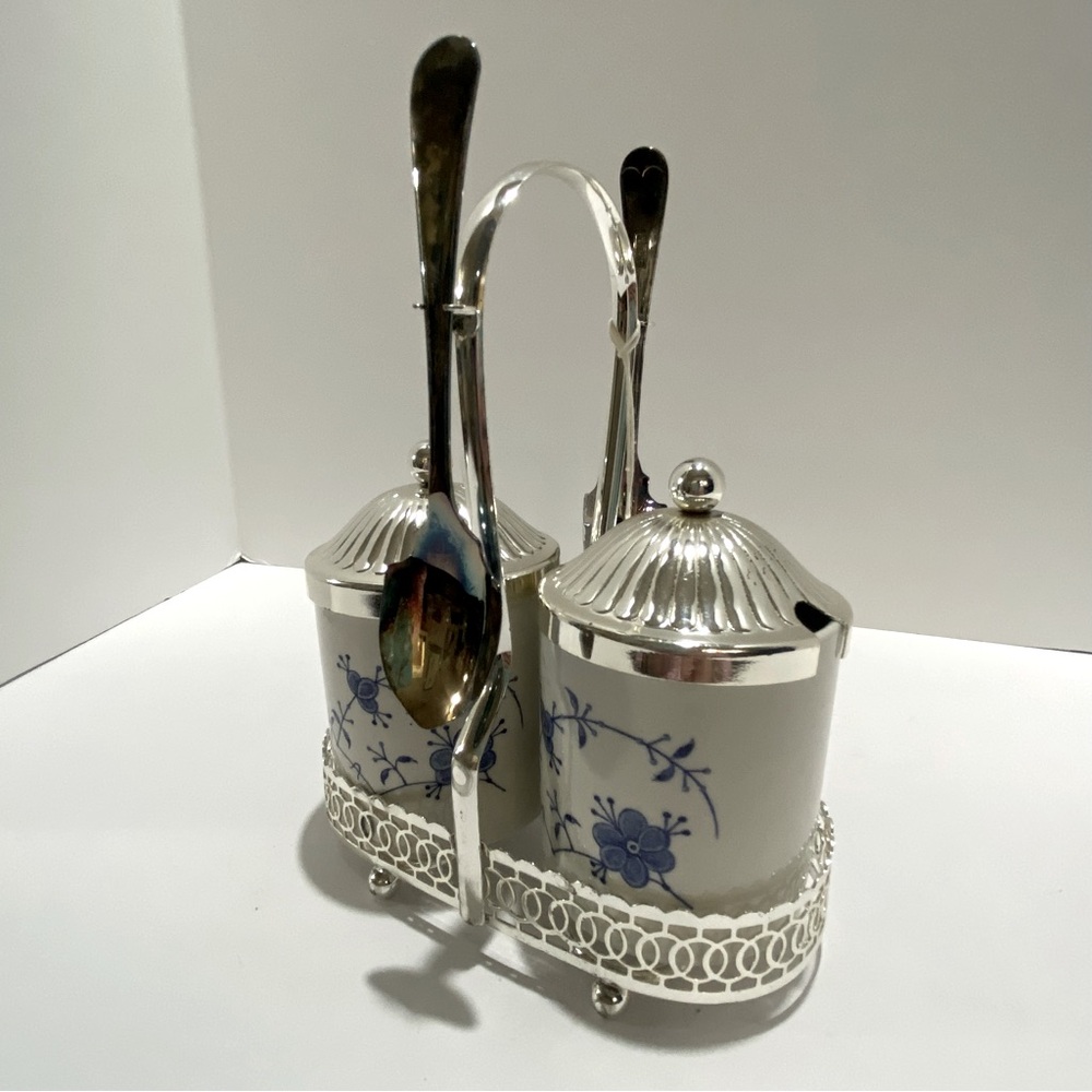 VTG Leonard Silver Sheffield England Condiment Set Blue & White w/Spoons & Stand - Picture 11 of 11